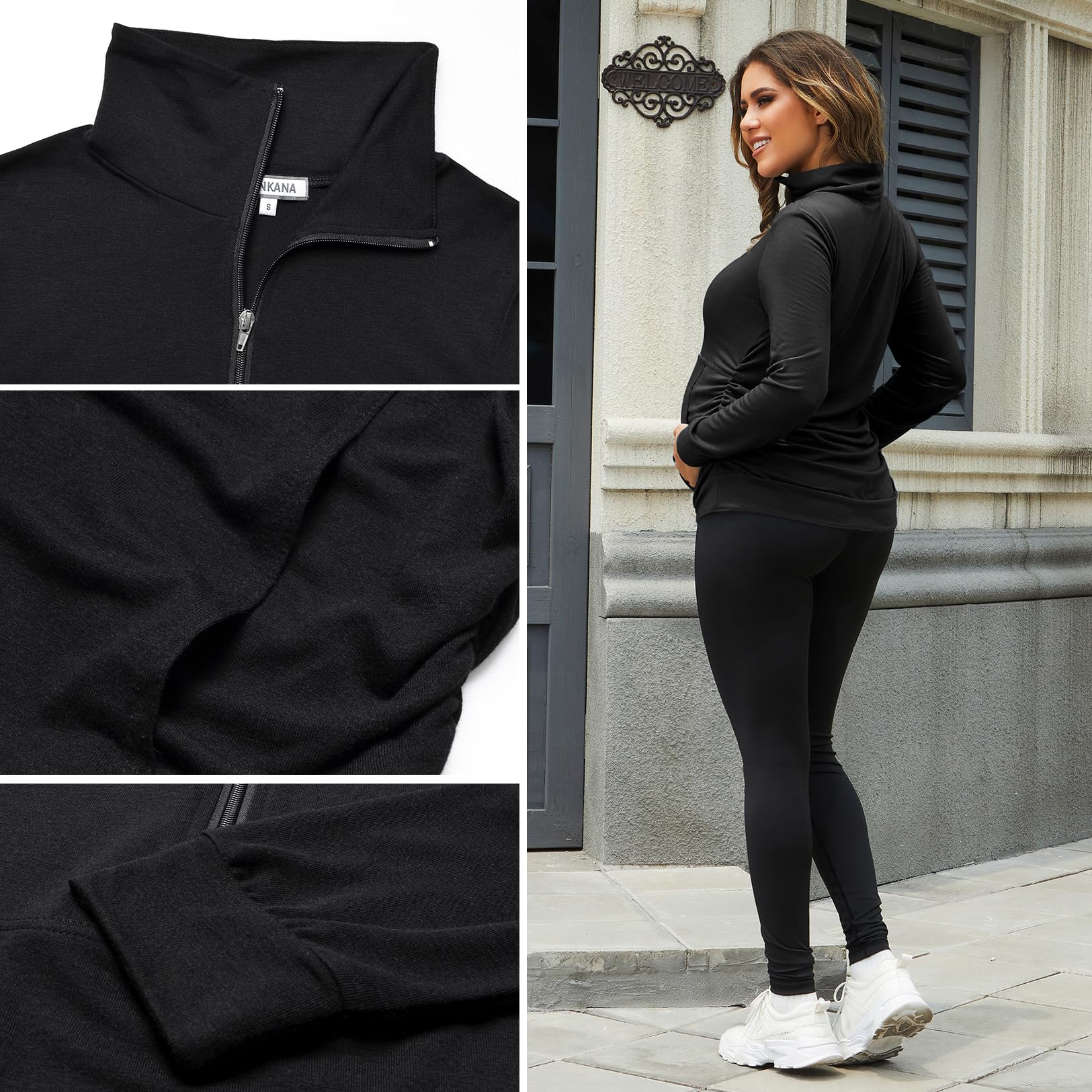 GINKANA Maternity Women's Long Sleeve Shirts Half Zipper Lapel Lightweight Casual Maternity Tops with Pockets,Black,XL