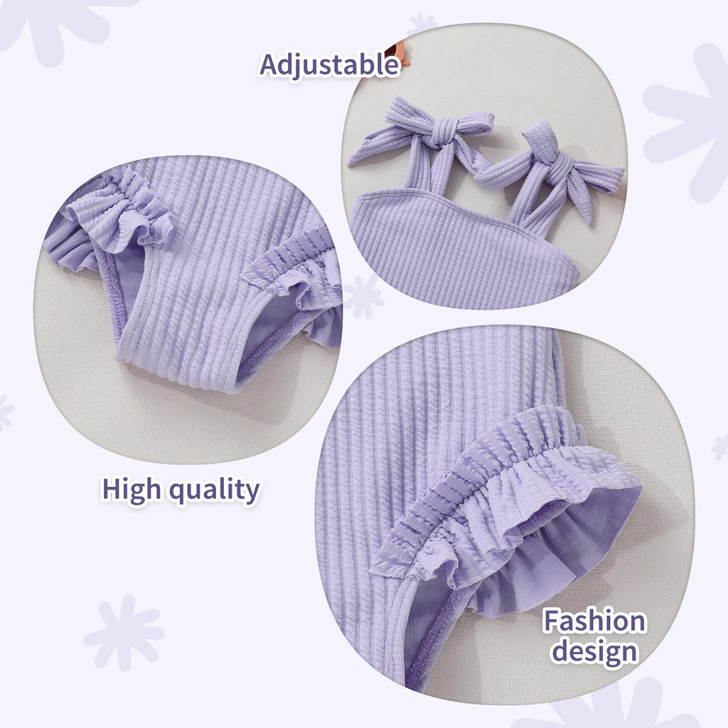 Toddler Swimsuit Girl Solid Color Stripe One-Piece Baby Bathing Suits (Purple, 9-12 Months)