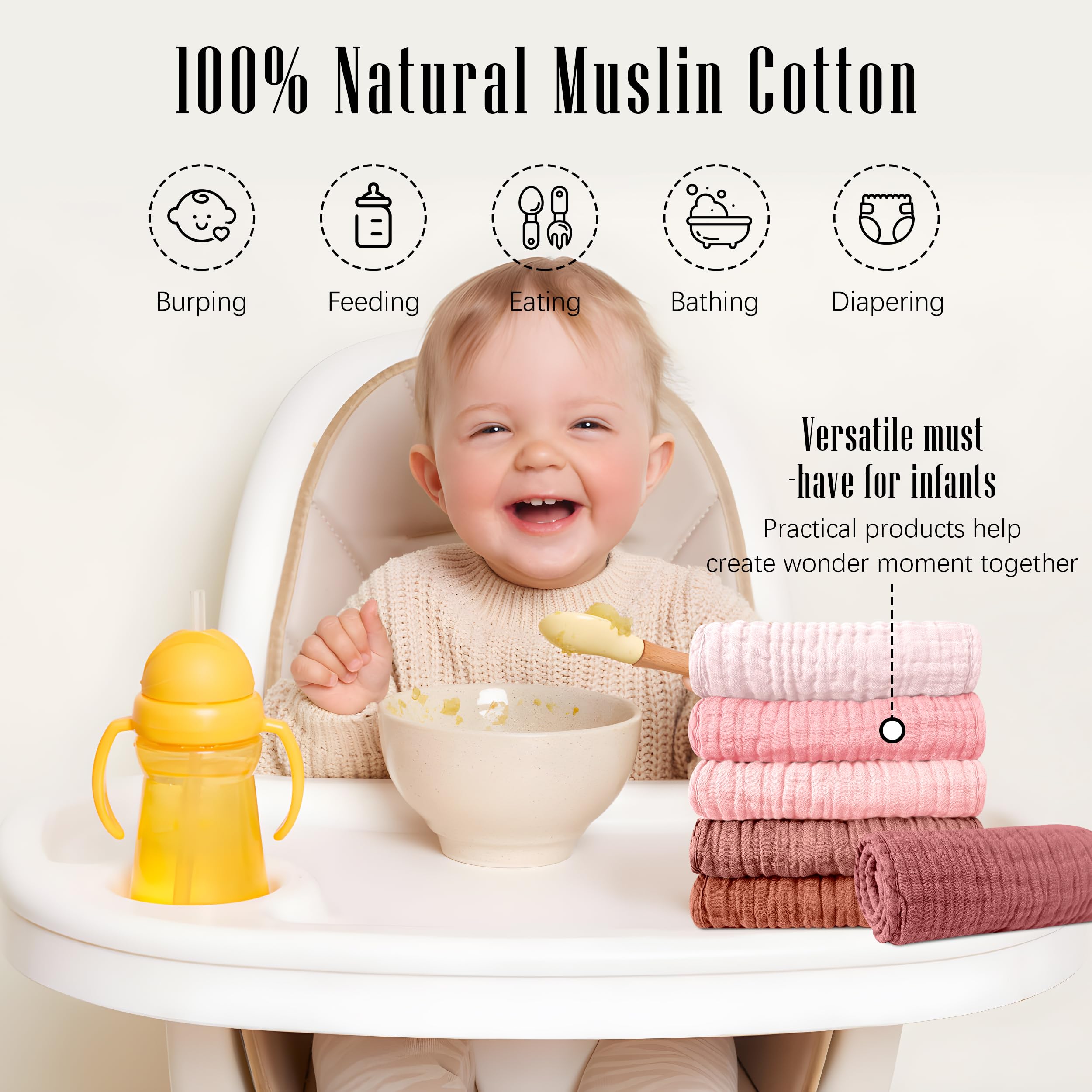 SWEET DOLPHIN 12 Pack Muslin Burp Cloths Large 100% Cotton Burping Clothes for Baby Drool - Absorbent and Soft Boys & Girls Milk Spit Up Rags for Newborn Essentials Registry - Dewy Petal