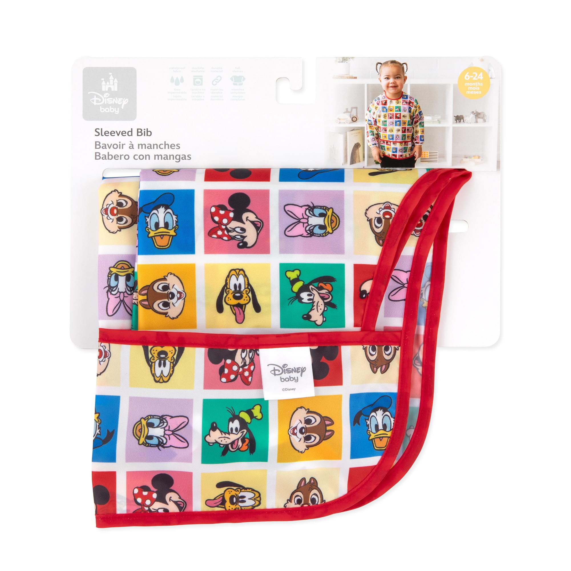 Bumkins Disney Sleeved Bib for Girl or Boy, Baby and Toddler for 6-24 Mos, Essential Must Have for Eating, Feeding, Baby Led Weaning Supplies, Long Sleeve Mess Saving, Mickey and Friends Check Mates