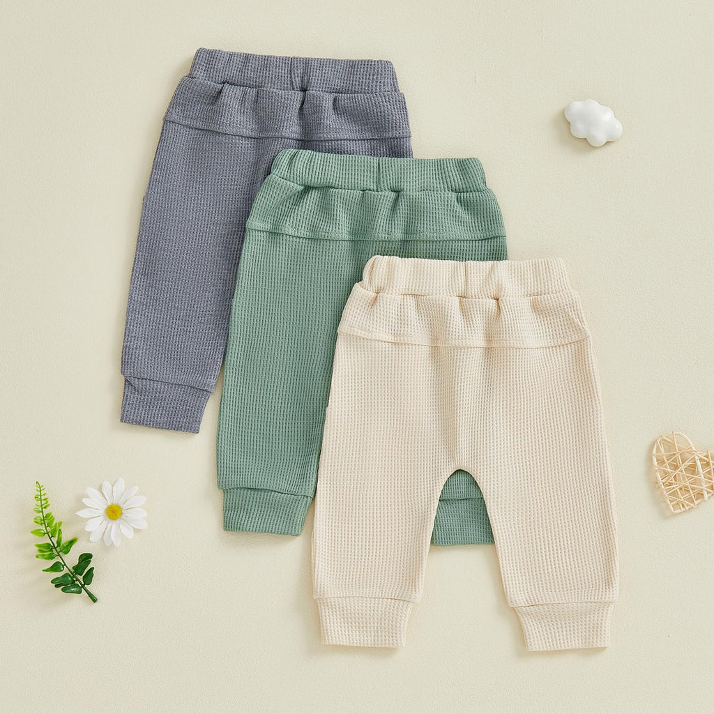Sejardin Toddler Baby Boy Girl Pants 3 Pack Solid Color Elastic Waist Jogger Sweatpants Newborn Infant Casual Bottoms (Waffle Grey Green Apricot, 2-3 Years)
