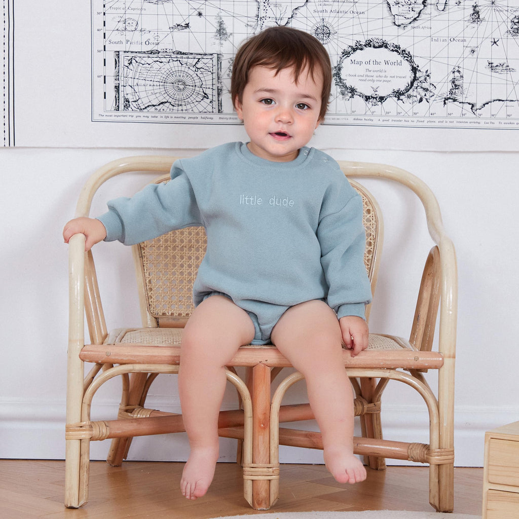 VISGOGO Baby Boy Oversized Sweatshirt Romper Solid Long Sleeve Bubble Little Dude Romper Sweater Bodysuits Fall Clothes (Blue, 12-18 Months)