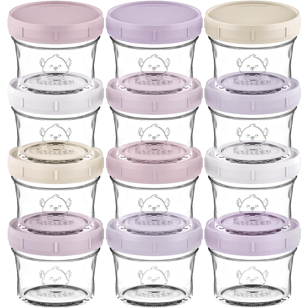KeaBabies 12pk 4oz Glass Baby Food Containers with Lids, Leak-Proof (Lilac)