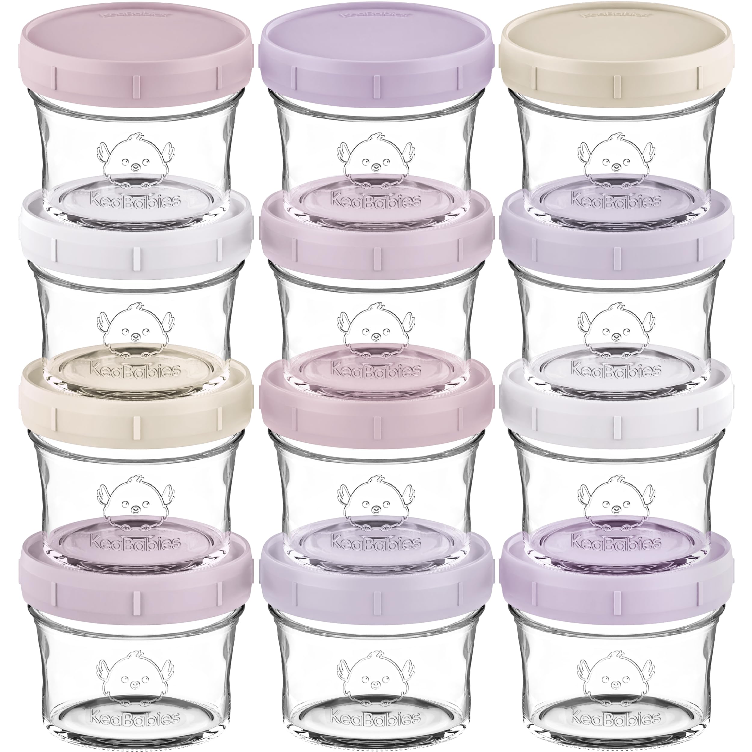 KeaBabies 12pk 4oz Glass Baby Food Containers with Lids, Leak-Proof (Lilac)