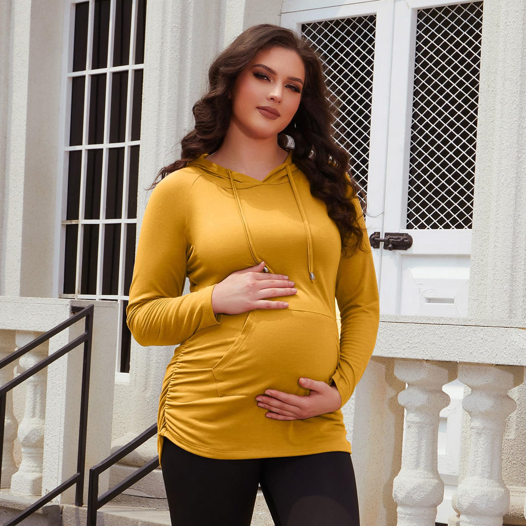 GINKANA Maternity Pullover Shirts Long Sleeve Hoodie with Pocket Ruched Maternity Casual Hoodie,Dark Yellow,XXL