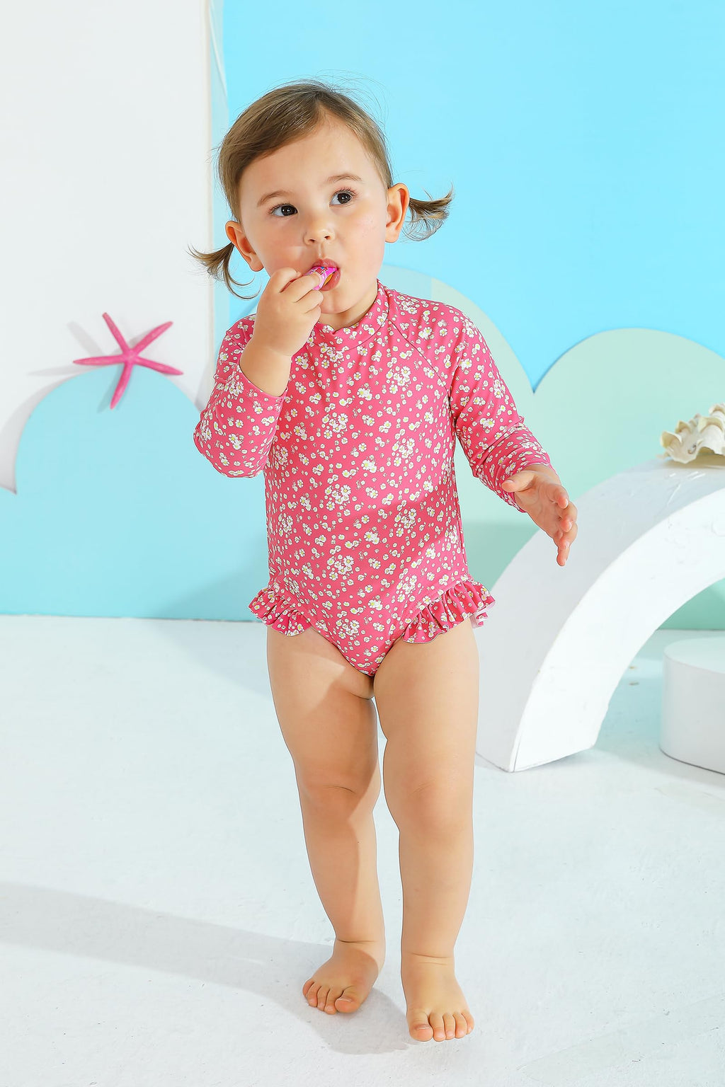 YOUNGER TREE Infant Baby Girl Swinsuit One-Piece Long Sleeve Rash Guard with Hat Set Floral Zipper Bathing Suit Leopard Beach Wear (6-12 Months, Flower#1)