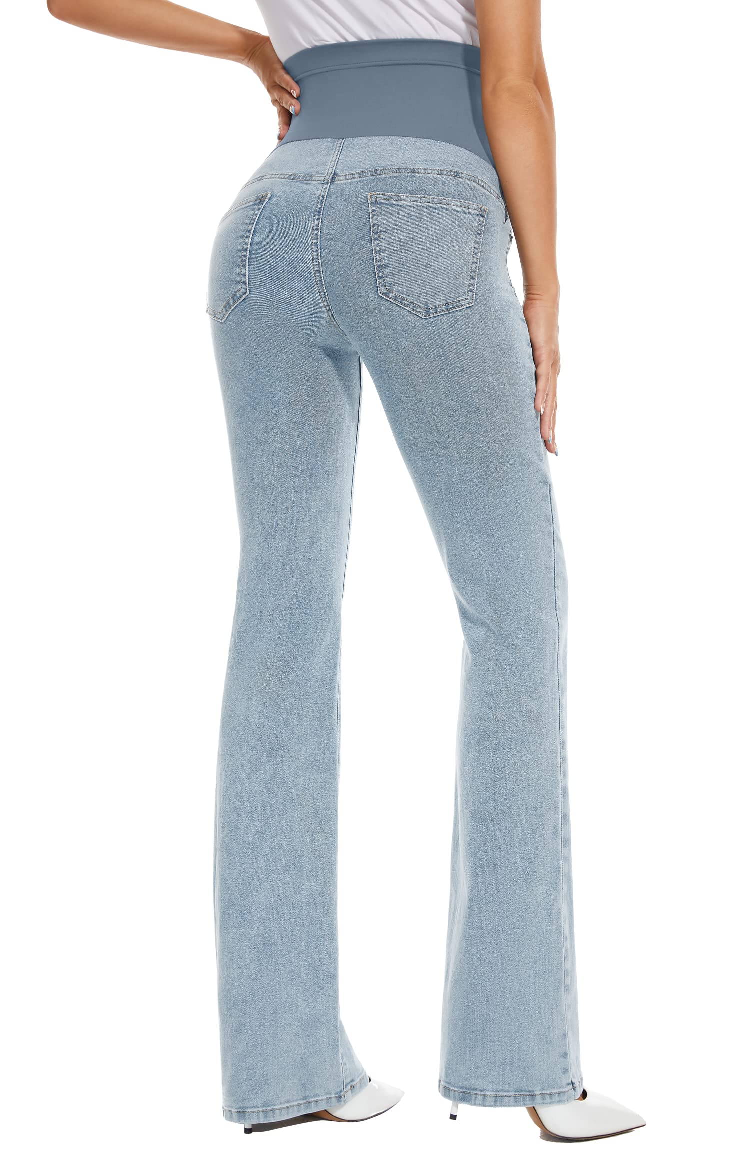GLAMIX Women's Stretch Maternity Bootcut Jeans with Pockets Over The Belly Bell Bottoms Flare Denim Pants Pregnancy Clothes(Light Blue, M)