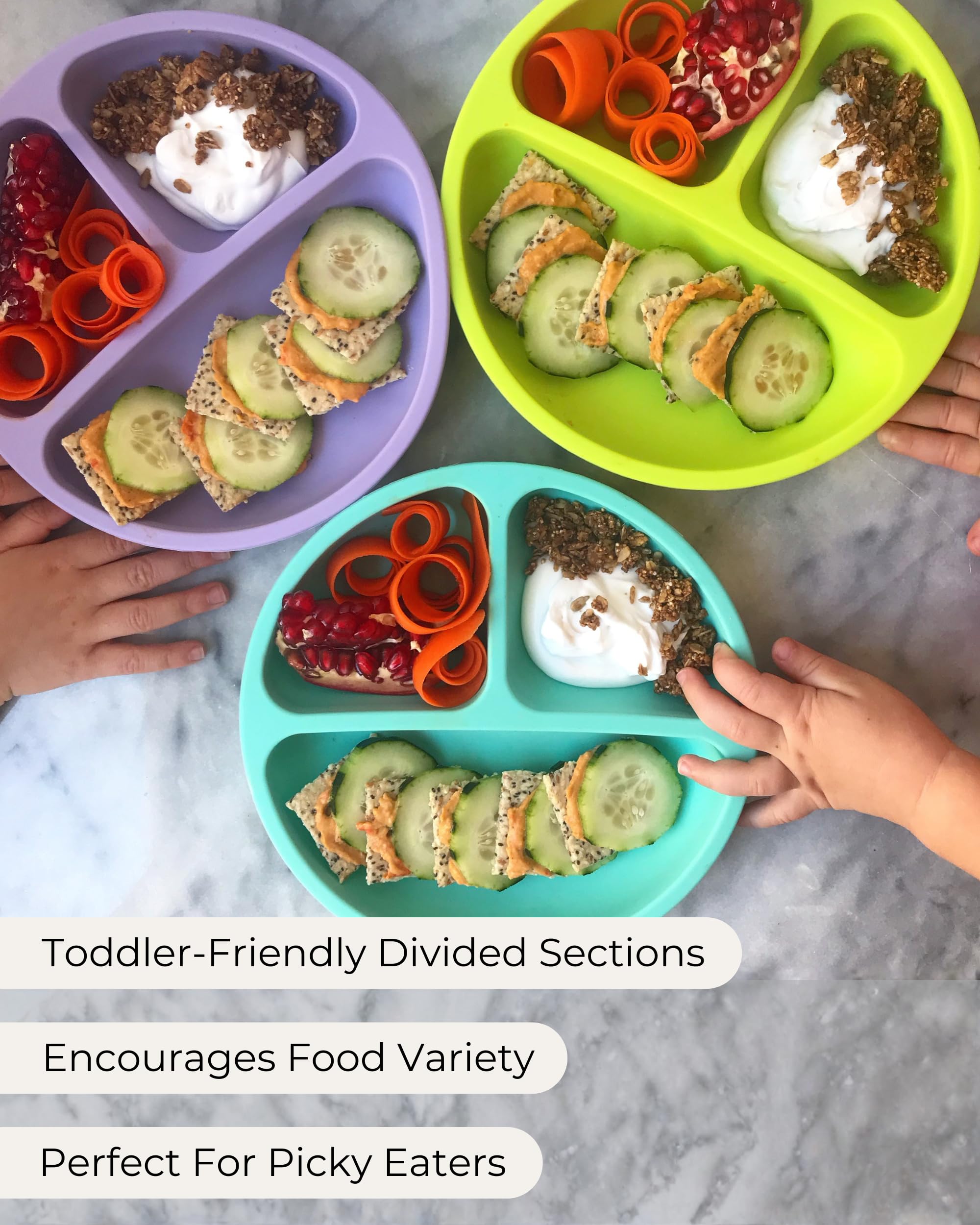Hippypotamus Suction Plates with Lids for Babies & Toddlers - 100% Food-Grade Silicone - Microwave & Dishwasher Safe - Divided Dinnerware for Picky Eaters That Stays Put - Set of 3 (Pink)