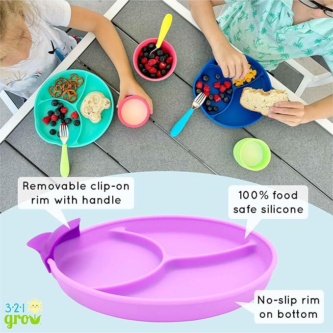 Silicone Easy Scoop & Hold Plate Set - Baby and Toddler Training Plates with Clip-On Rims for Easy Scooping, Self-Feeding and Baby Led Weaning, 6+ months (Plum)