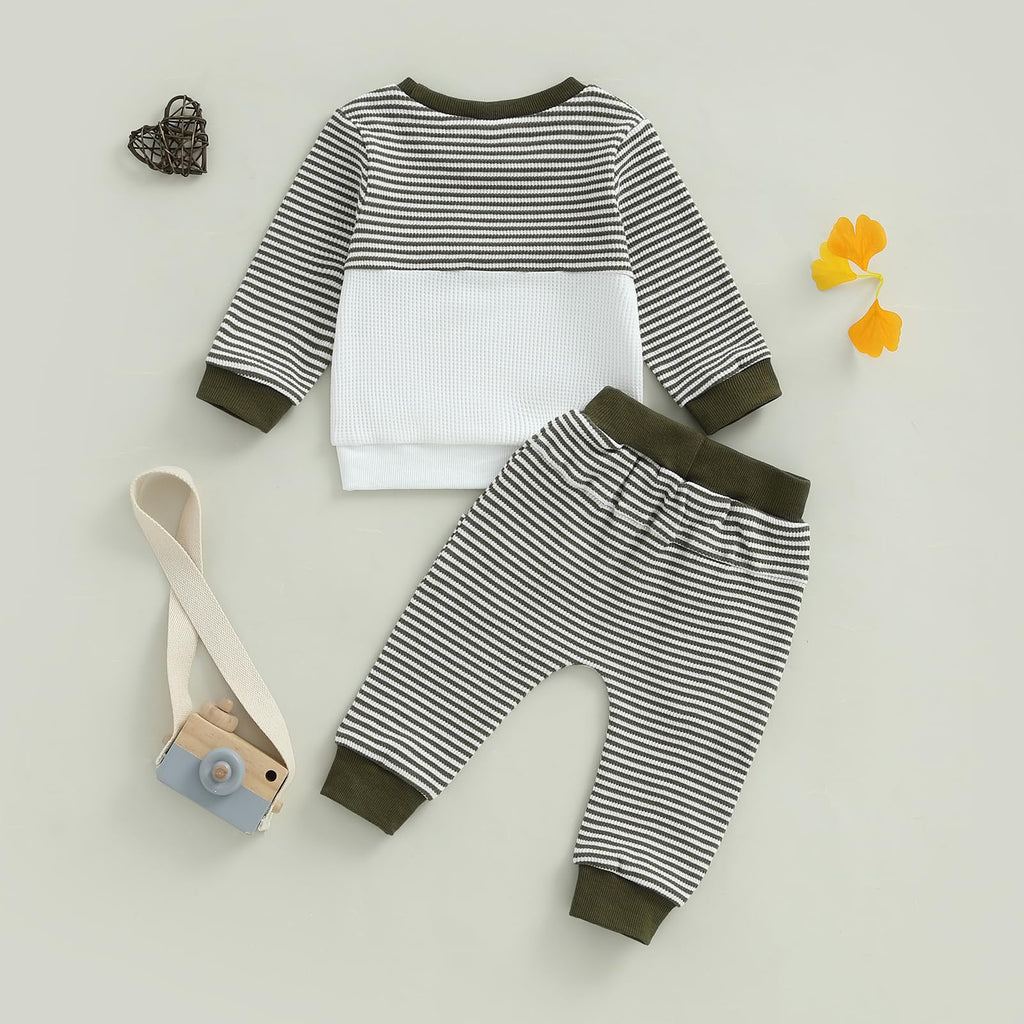 Fufuriprefer Toddler Baby Boy Fall Clothes Waffle outfit Long Sleeve Top Jogger Pant Set (A-Army Green, 0-6 Months)