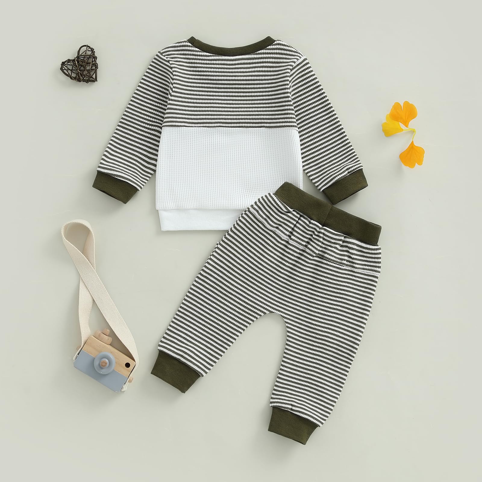 Fufuriprefer Toddler Baby Boy Fall Clothes Waffle outfit Long Sleeve Top Jogger Pant Set (A-Army Green, 0-6 Months)