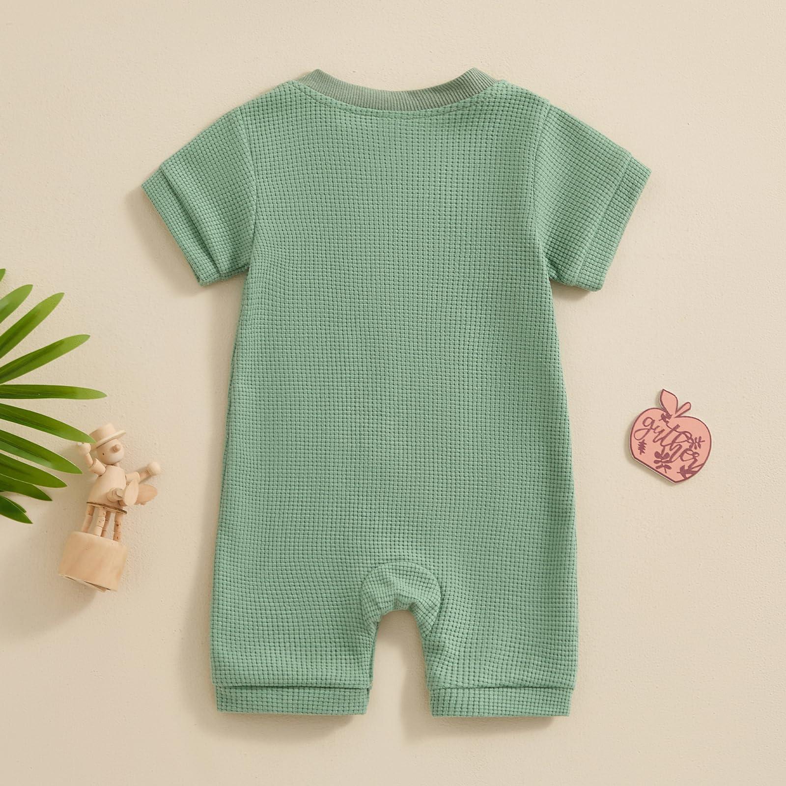Kuriozud Newborn Baby Boy Girl Clothes Button Solid Short Sleeve Romper Jumpsuit Basic One Piece Outfits Baby Neutral Clothing Waffle Short Sleeve Green, 0-3 Months