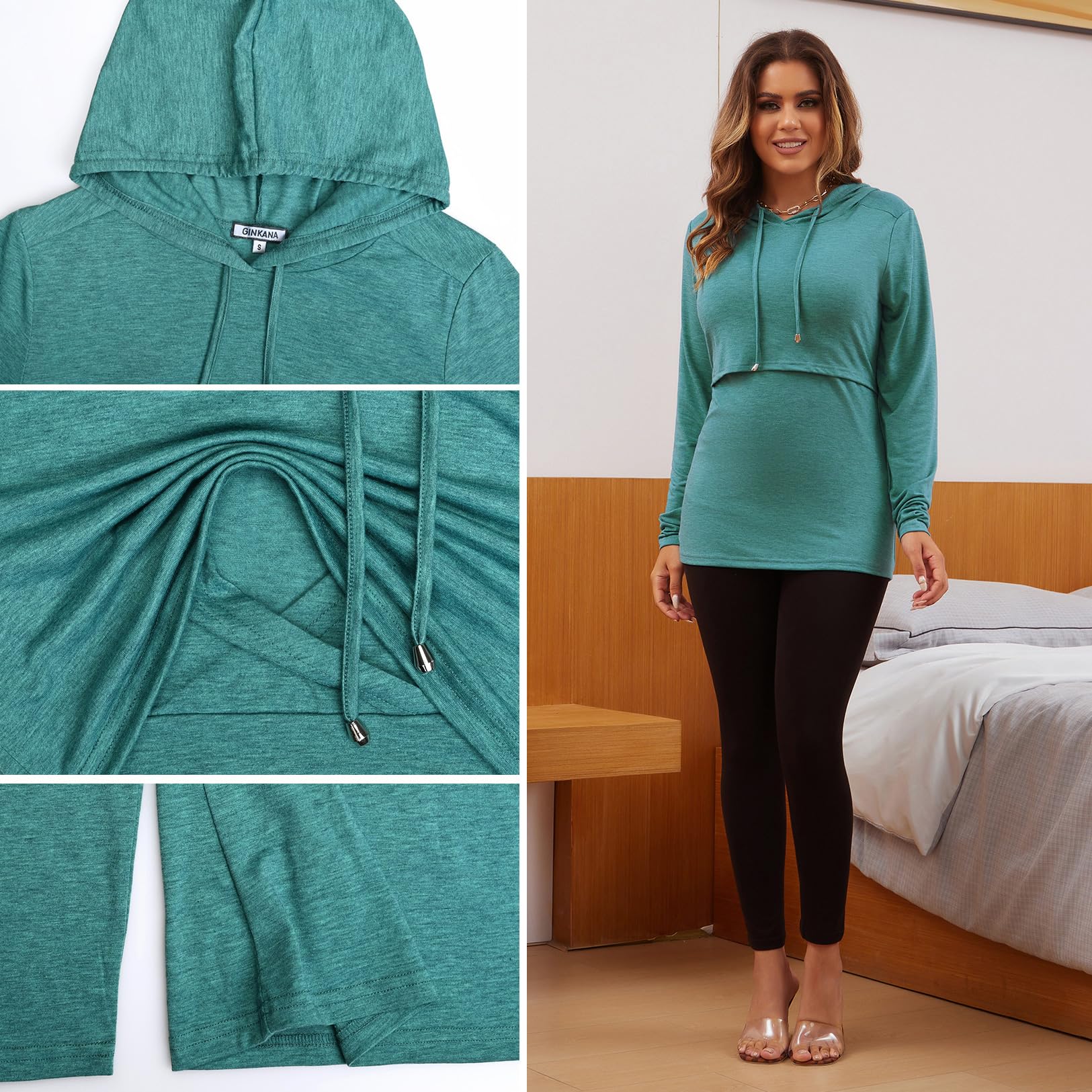 GINKANA Women's Nursing Tops Pullover Hoodie Sweatshirt Long Sleeves Breastfeeding Maternity Shirts Casual Clothes,1-Turquoise,M