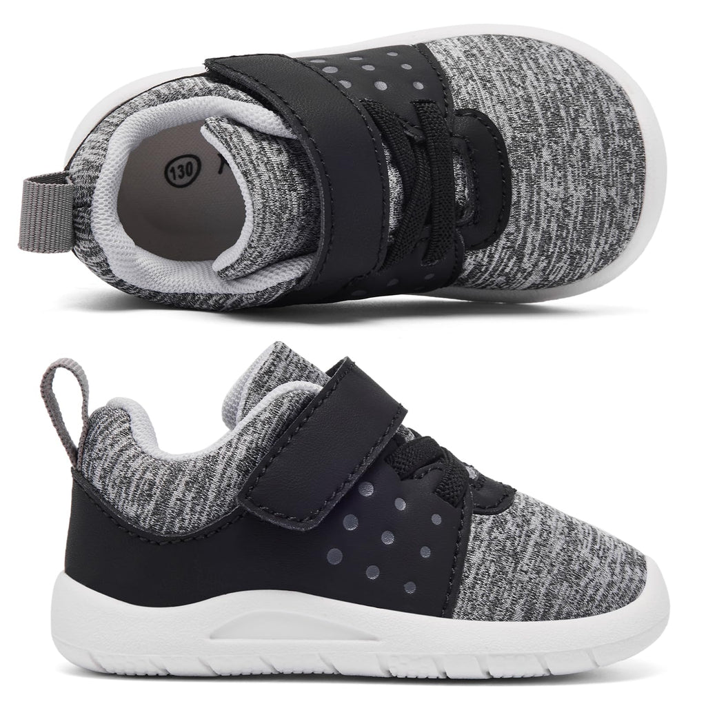 MORENDL Toddler Baby Shoes 0-4 Years Boy Girl Lightweight Breathable Non-Slip Sports Sneakers Running Walking Tennis Barefoot Shoes Grey Black Size 8