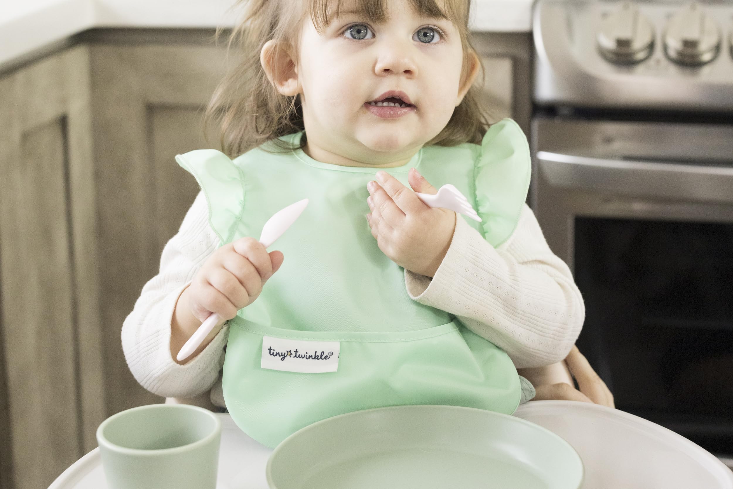 Tiny Twinkle Mess-Proof Baby Bibs for Eating | Waterproof, Wipeable Toddler Bibs with Catch-All Pocket | Feeding Bibs for Girls & Boys(3 Pack, Floral Pop)