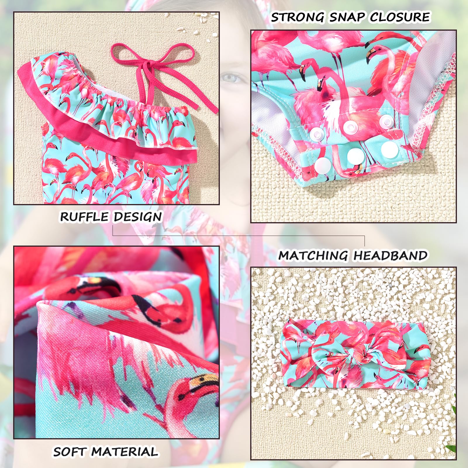 0-6 Months Baby Girls One Piece Swimsuits Infant Flamingo Bathing Suit Off Shoulder Swimwear Swimming Beach Wear with Headband