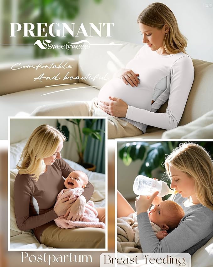 4 Pack Women's Nursing Breastfeeding Tops, Long Sleeve Maternity Shirts Loose Fit Hidden Zipper Pregnancy Clothes