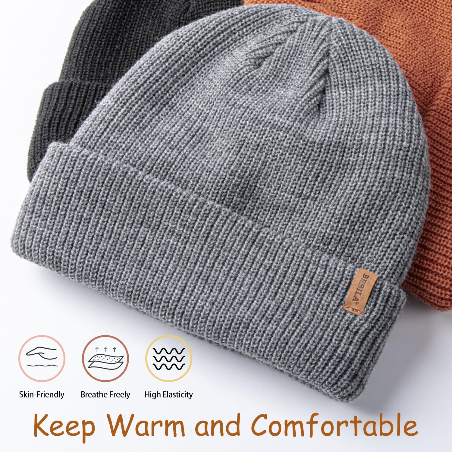 Bebila Baby Beanie Toddler Infant Winter Hats Knit Warm Caps for Boys Girls (US, Age, 6 Months, 36 Months, Grey+Black+Caramel)