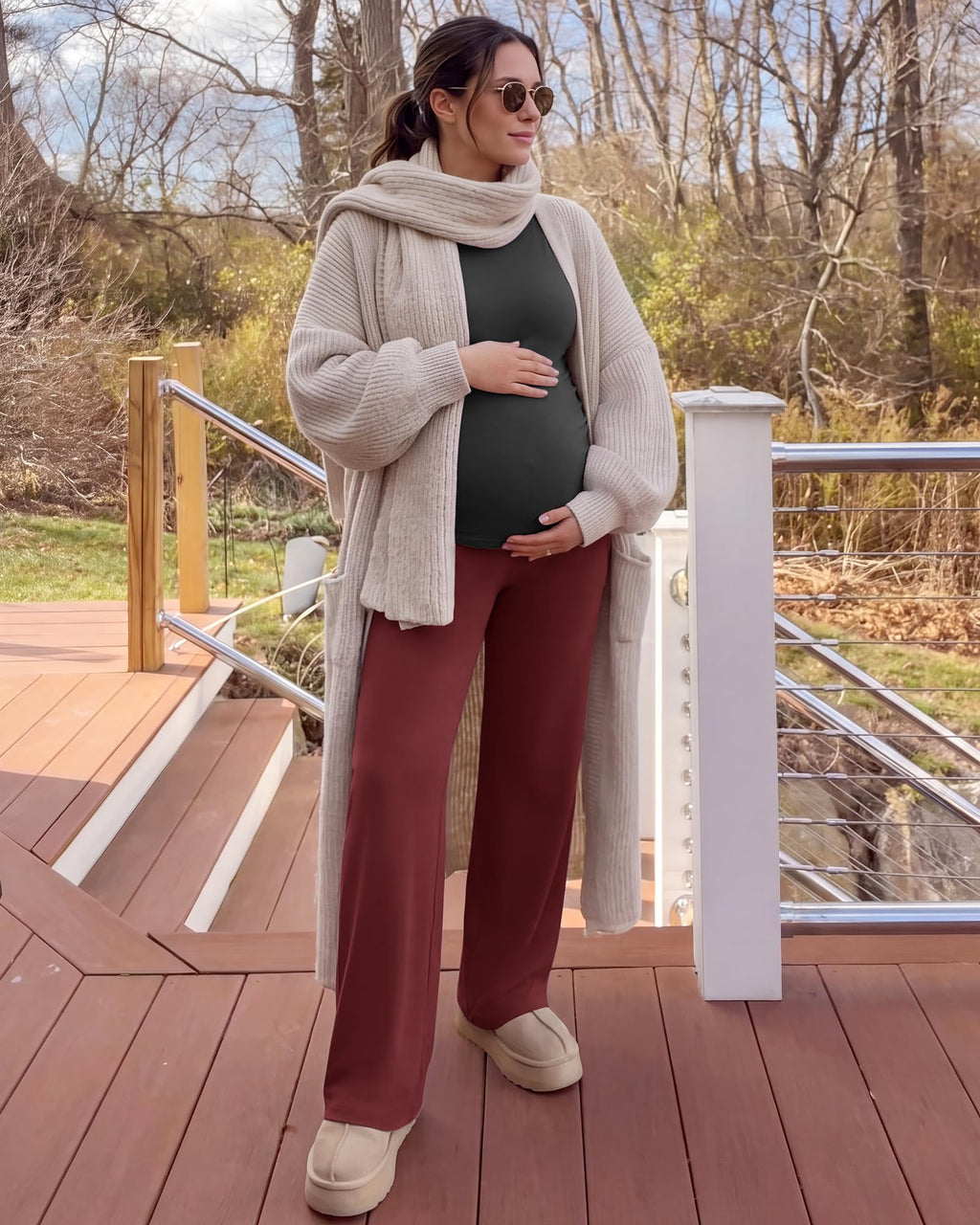 G4Free Maternity Lounge Pants Yoga Wide Leg,Dark Burgundy,XXL,Petite