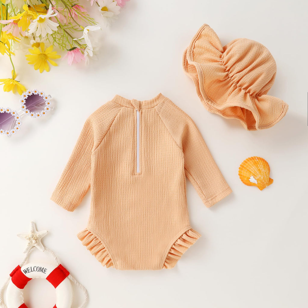 YOUNGER TREE Infant Baby Girls Long Sleeve Swimsuit One Piece Swimsuit Solid Color Bathing Suit with Hat, UPF 50+（Light Orange, 3-6 Months）