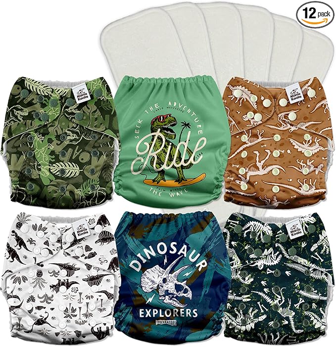 Mama Koala 3.0 Pocket Cloth Diapers for Babies with AWJ Lining, 6 Pack with 6 5-Layer Natural Cloth Diaper Inserts - Reusable and Washable Pocket Diapers(A-It's Dinosaurs)