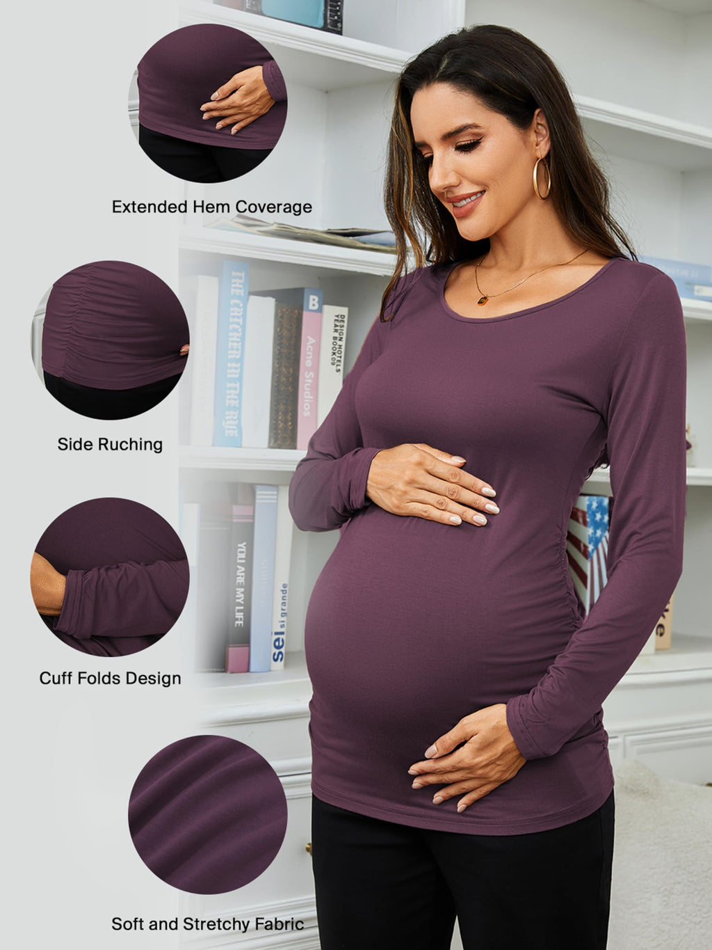 Ecavus Women's 3-Pack Maternity Shirts Long Sleeve Soft Stretchy Pregnancy Tops Side Ruched Casual Mama Clothes