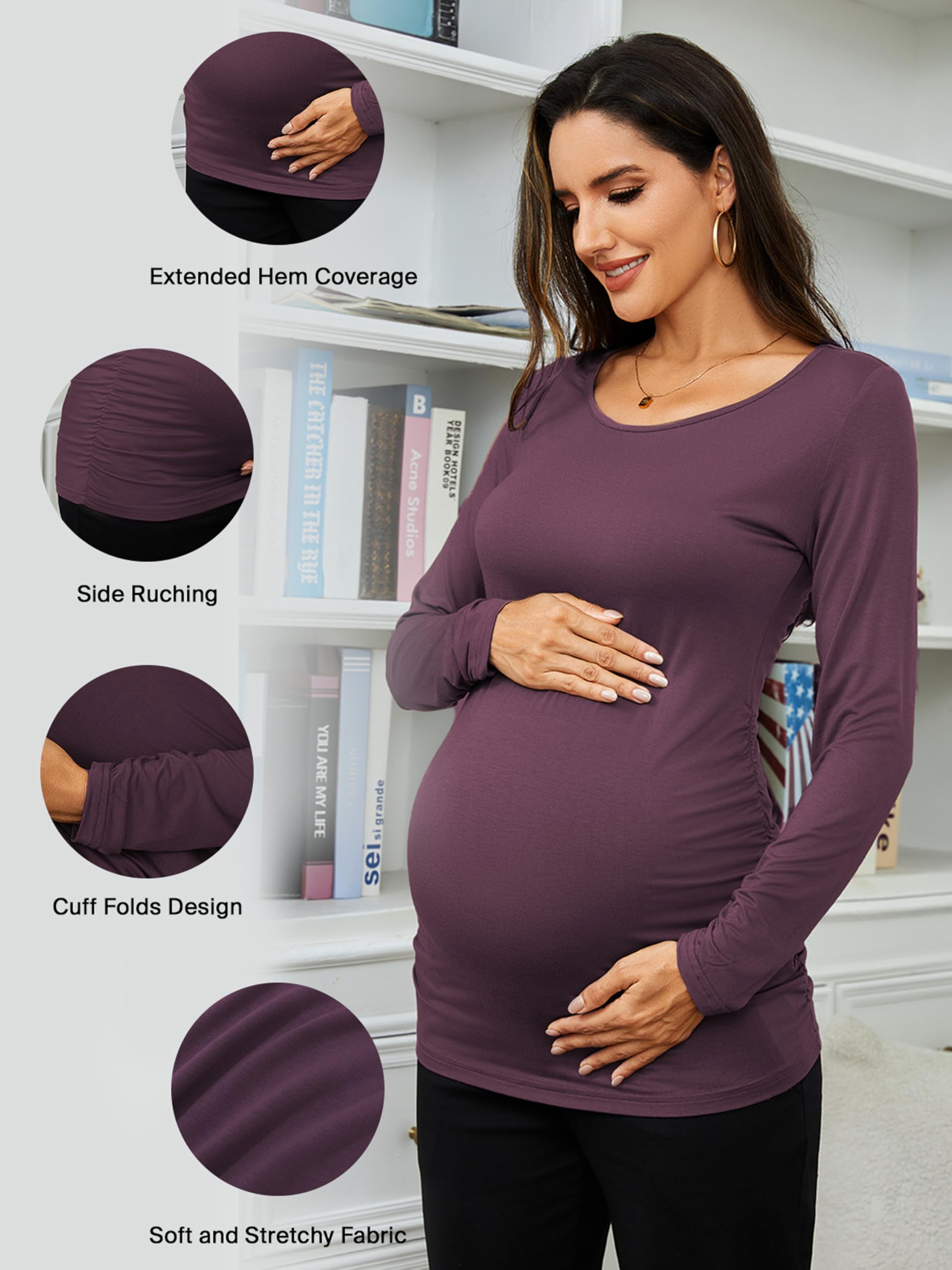 Ecavus Women's 3-Pack Maternity Shirts Long Sleeve Soft Stretchy Pregnancy Tops Side Ruched Casual Mama Clothes