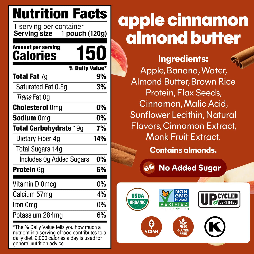 Noka Superfood Fruit Smoothie Pouches, Organic Applesauce Pouches with Apple, Cinnamon & Almond Butter, Healthy Snacks with Organic Fruits, Plant Protein, Fiber & Flax Seed, 4.22 oz (Pack of 12)