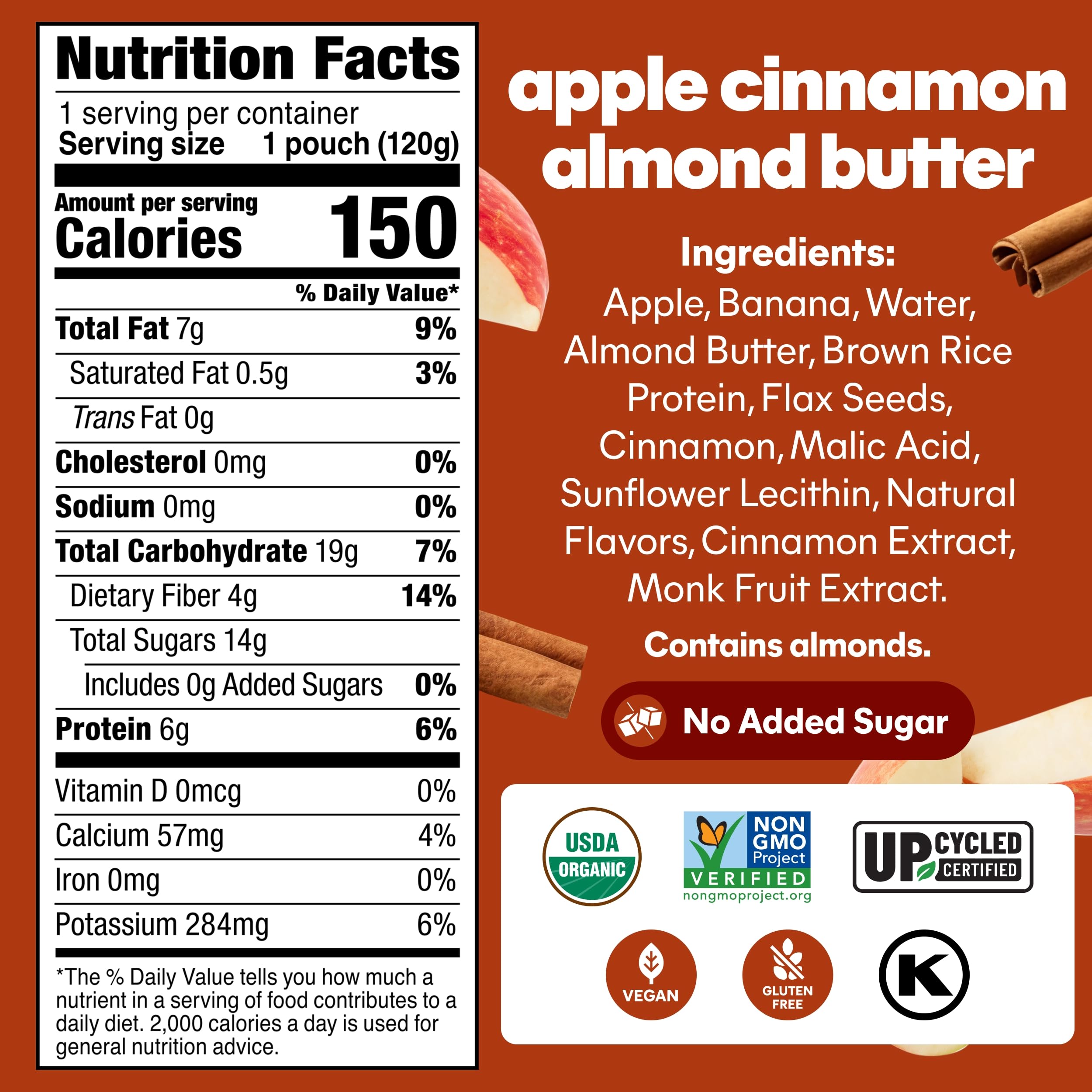 Noka Superfood Fruit Smoothie Pouches, Organic Applesauce Pouches with Apple, Cinnamon & Almond Butter, Healthy Snacks with Organic Fruits, Plant Protein, Fiber & Flax Seed, 4.22 oz (Pack of 12)