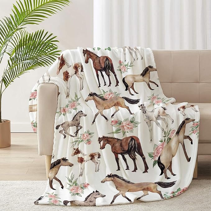 Horse Rose Blanket for Boys Girls, Flowers Kids Throw Blanket Gift for Child, Fluffy Cozy Soft Lightweight Blankets for Bed Office, 40x50 Inches