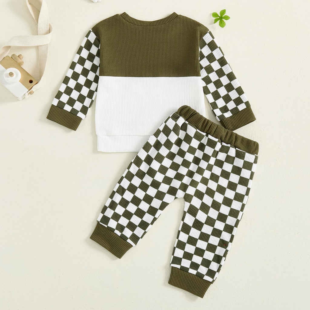 Fufuriprefer Toddler Baby Boy Fall Clothes Waffle outfit Long Sleeve Top Jogger Pant Set (B-Army Green, 12-18 Months)