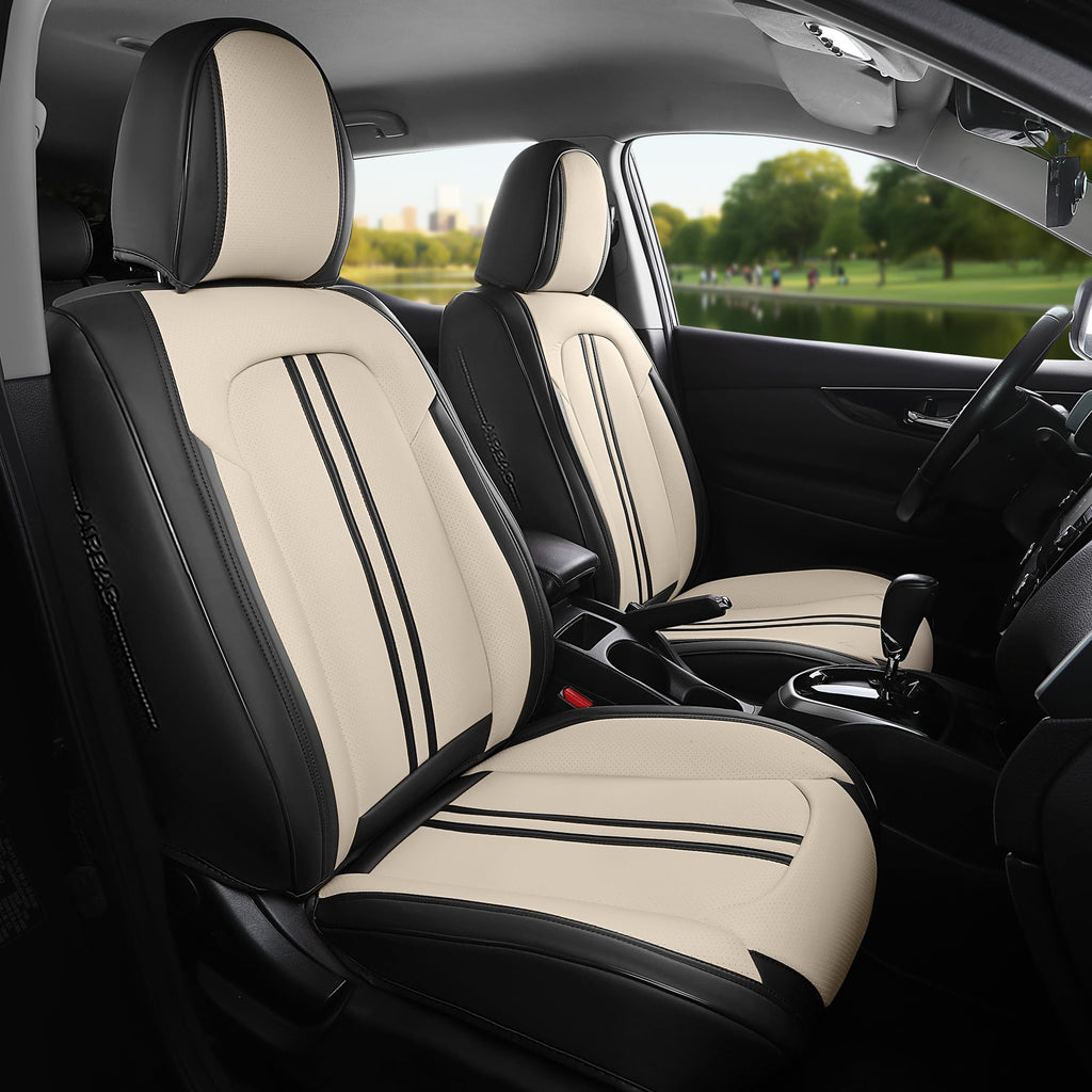 FREESOO Leather Seat Covers Full Set for Cars Trucks SUV, Beige Black
