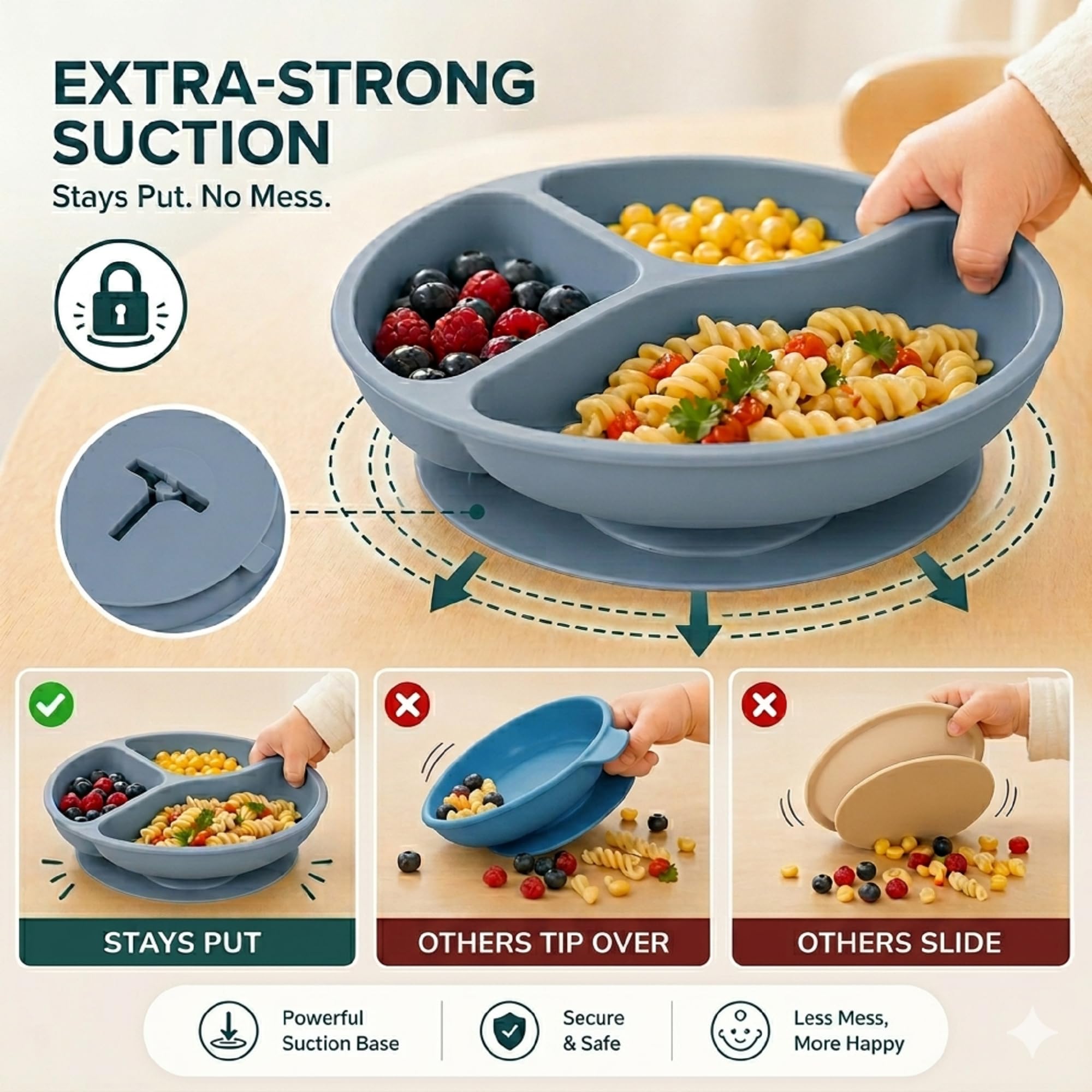 Silicone Baby Feeding Set, Suction Plates Bowls Bibs for Self Feeding –Gray