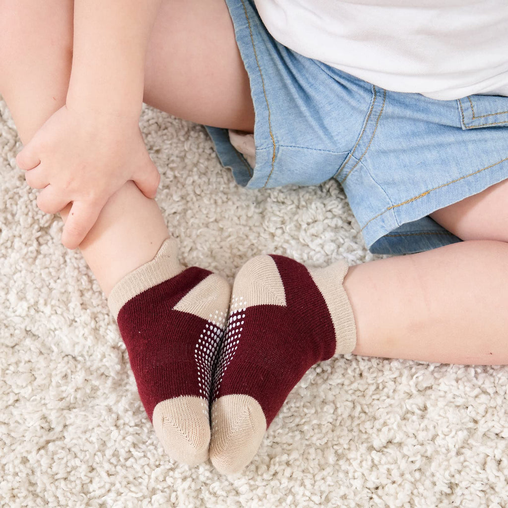 ZAPLES Baby Boys Non Slip Grip Ankle Socks with Non Skid Soles for Infants Toddlers Kids, 9 Pairs, Color-Blocked, 4-7 Years
