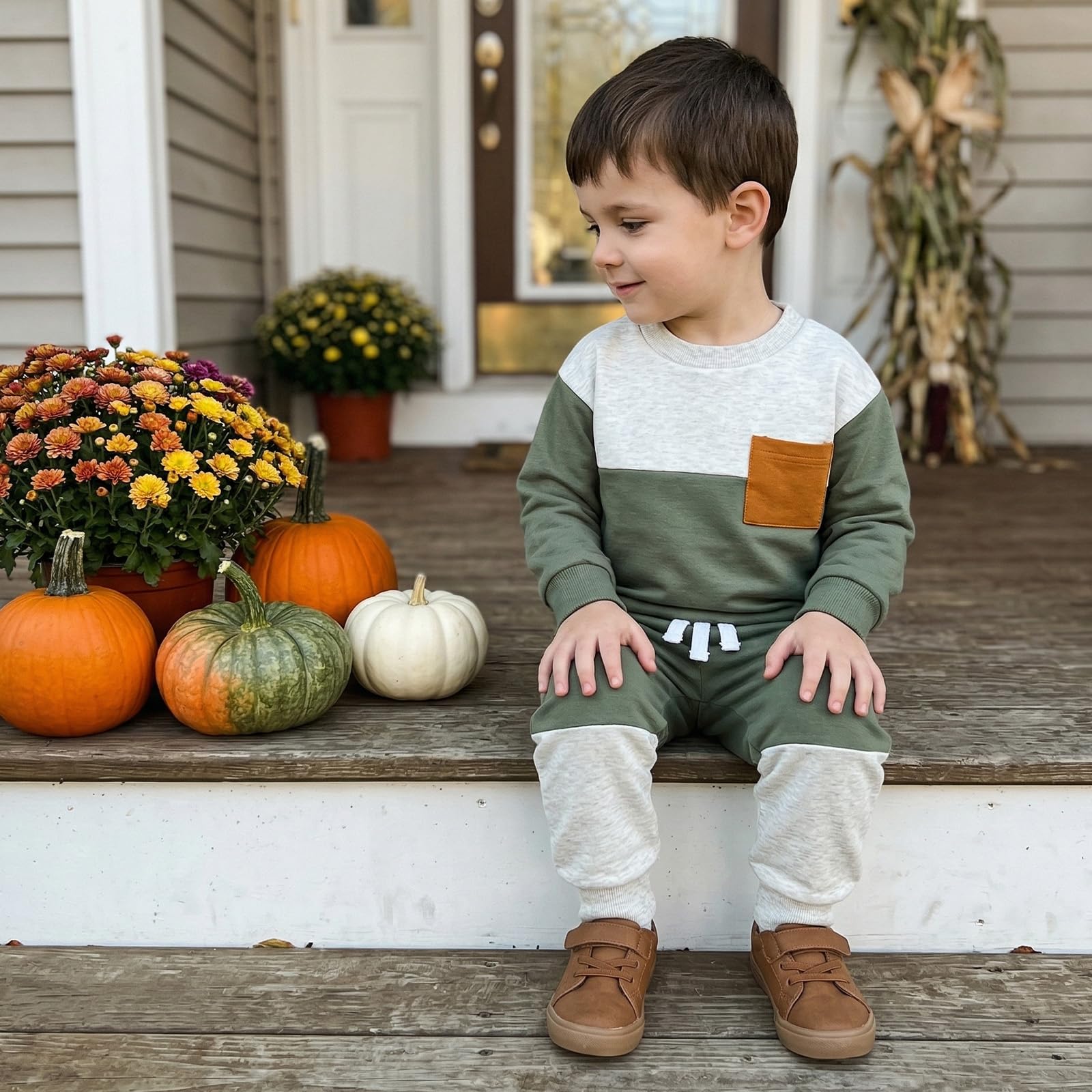 Kupretty Toddler Baby Boy Color Block Sweatshirt Pants Set Gray Green 6M