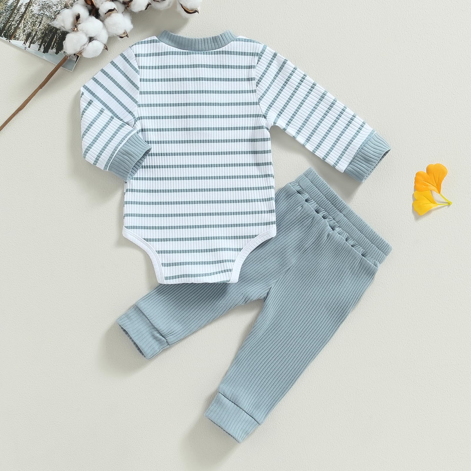 Newborn Baby Boy Girl Clothes Ribbed Knitted Long Sleeve Romper Pants Solid Cotton Infant Fall Winter Outfits 2Pcs (Striped Blue, 18-24 Months)