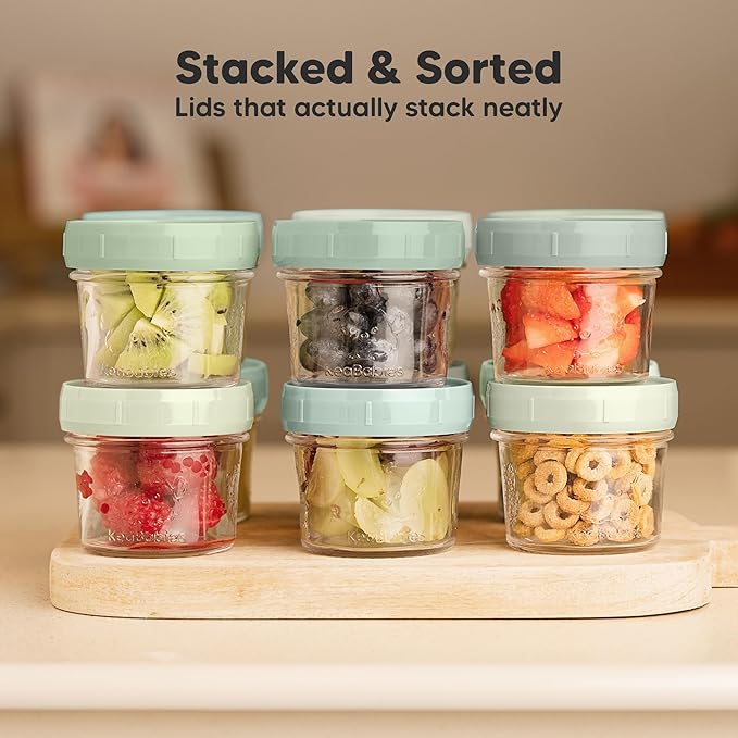 KeaBabies 12pk 4oz Glass Baby Food Containers with Lids - Leak-Proof, Microwavable Small Glass Jars, Baby Purees & Toddler Snack Storage Containers, BPA-Free, Dishwasher & Freezer Safe (Sage)