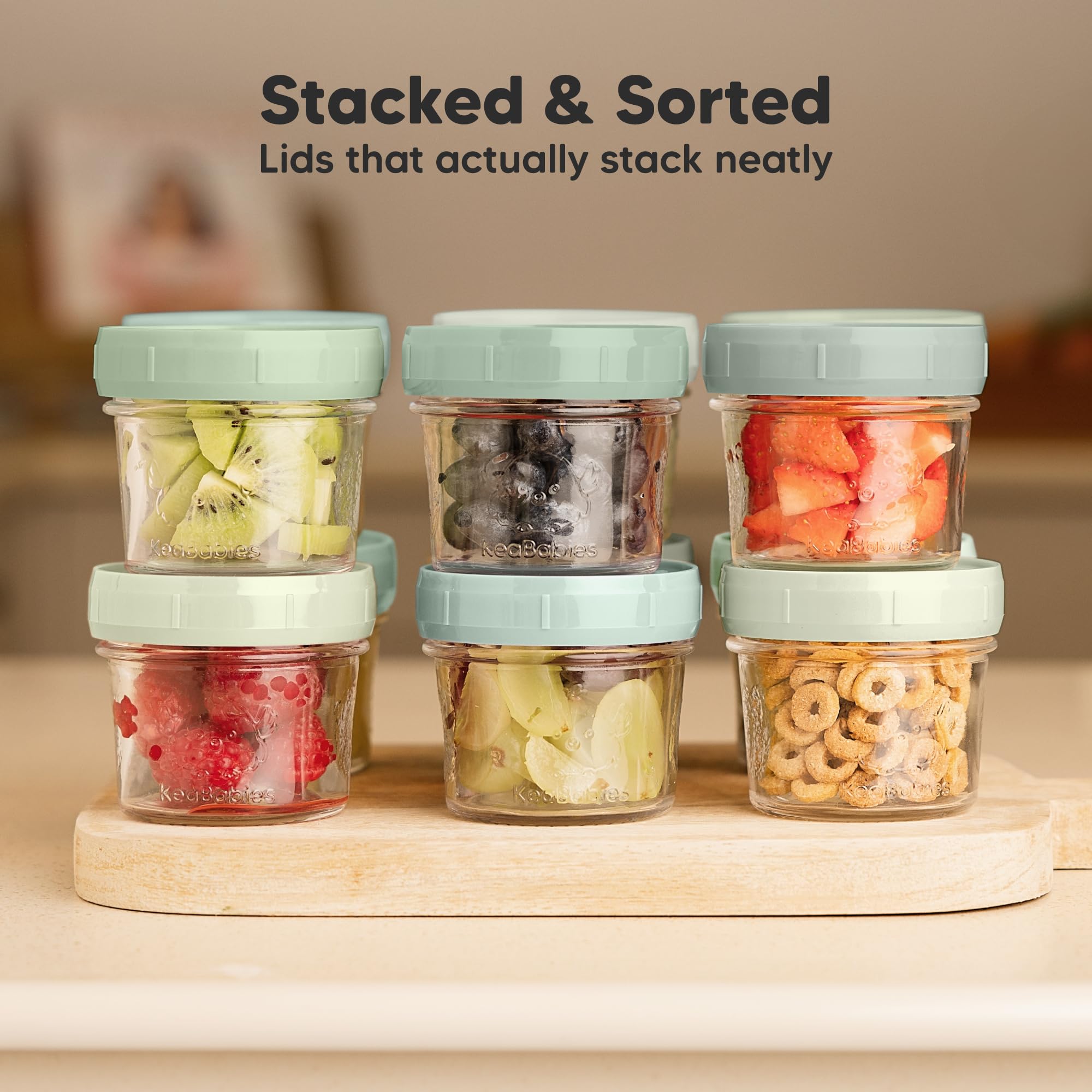 KeaBabies 12pk 4oz Glass Baby Food Containers with Lids, Leak-Proof (Sage)