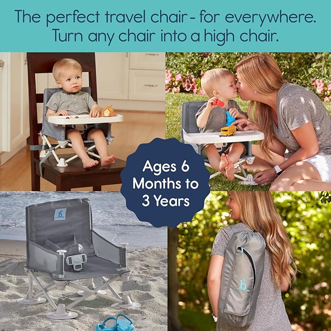 Hiccapop OmniBoost Travel Booster Seat with Tray for Baby, Dining Table, Camping, Beach, Grandma’s | Folding Portable Tip-Free Design Straps to Kitchen Chairs