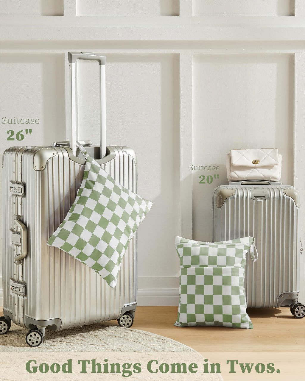 Ohocut Sage Green Checkered Waterproof Wet Dy Diaper Bag for Baby Essentials, Travel, Swimsuit, Beach Bag Accessories, Aesthetic Trendy Cute Toddler Baby Cloth Bag Pouch, Pack of 2