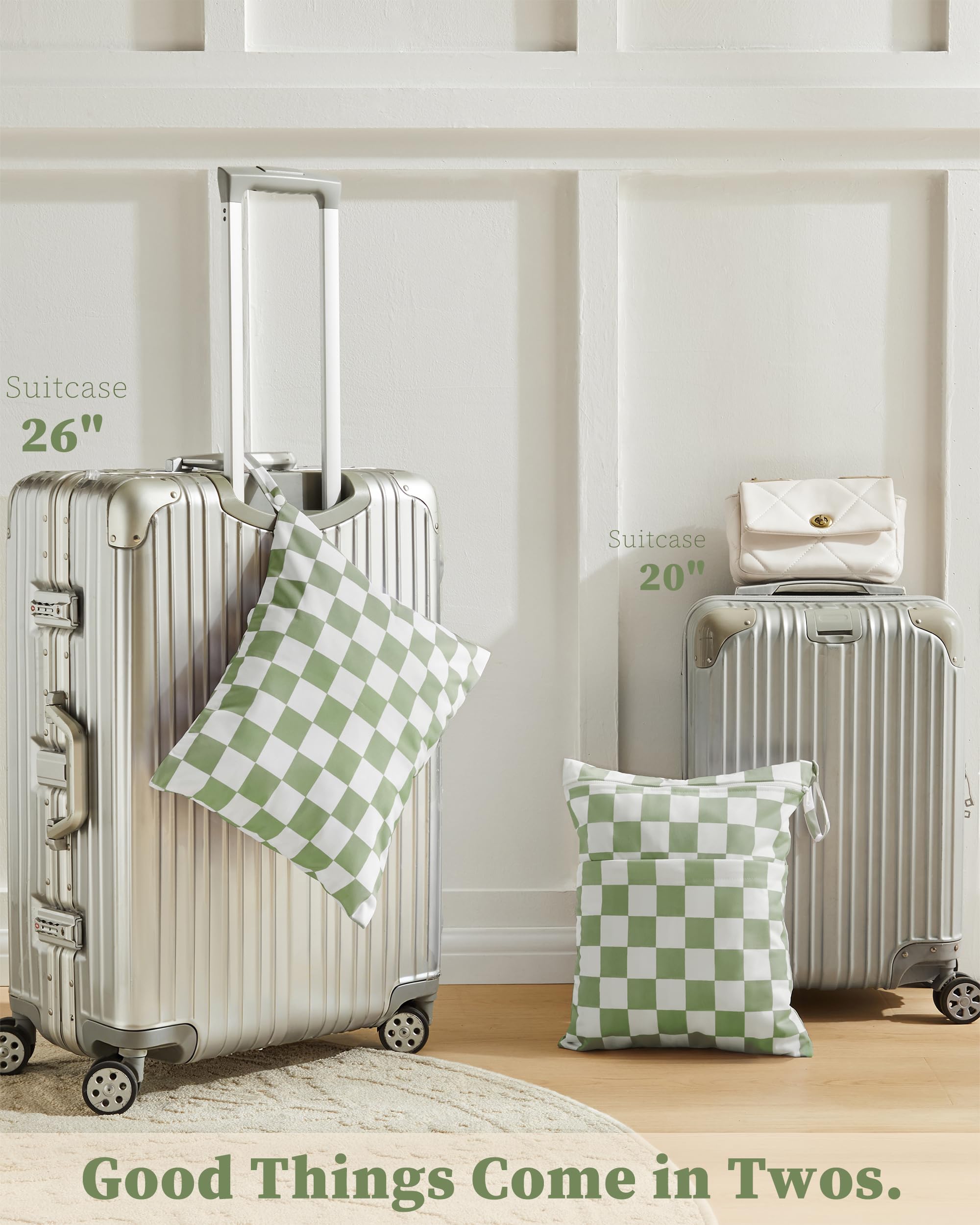 Ohocut Sage Green Checkered Waterproof Wet Dy Diaper Bag for Baby Essentials, Travel, Swimsuit, Beach Bag Accessories, Aesthetic Trendy Cute Toddler Baby Cloth Bag Pouch, Pack of 2