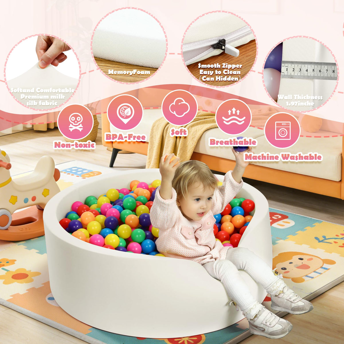 Baby Foam Ball Pit, 35.4"x 11.8" Ball Pits for Toddlers White