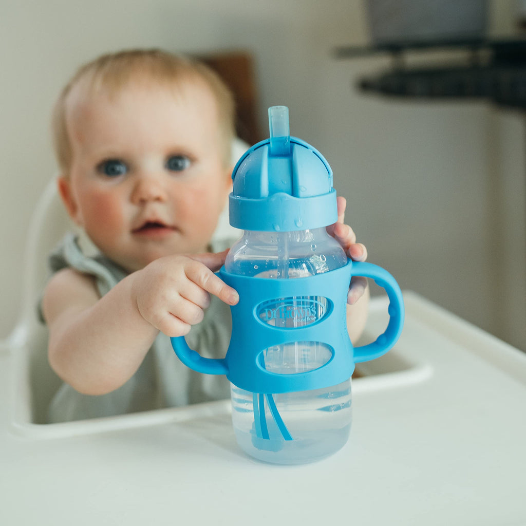 Dr. Brown's Milestones Wide-Neck Sippy Straw Bottle with 100% Silicone Handles and Weighted Straw, 9 oz/270 mL, Gray & Blue, 6m+
