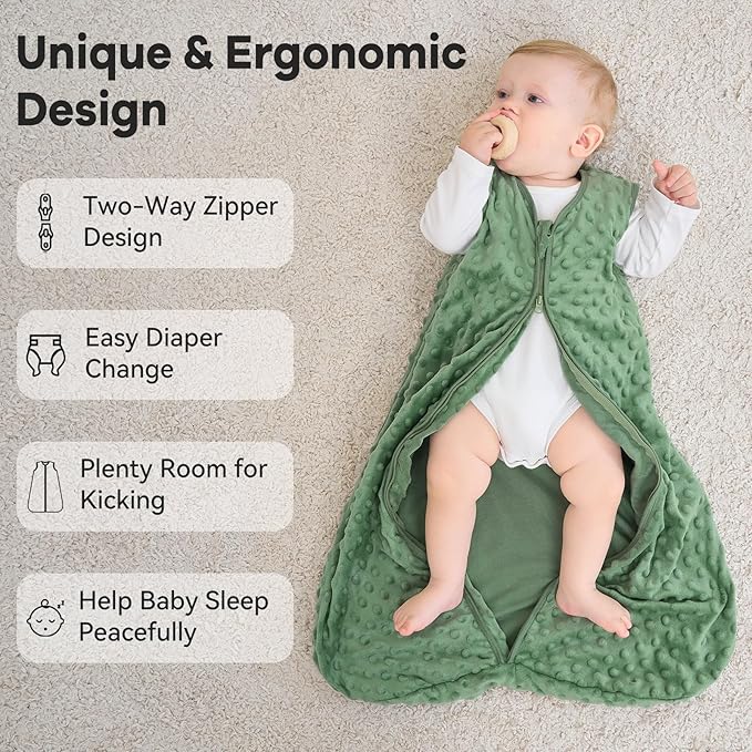 Fleece Baby Sleep Sack 6-12 Months with Plush Dots 1.5 Tog Baby Wearable Blanket with 2-Way Zipper Warm Sleeping Sack for Toddler Infant Newborn - Medium, Blue&Green