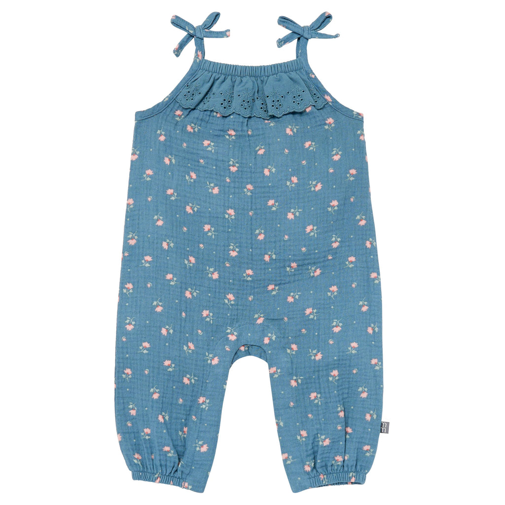 Modern Moments by Gerber Baby Girls' Sleeveless Ruffle Romper, Dark Teal Aster Flower, 6-9 Months