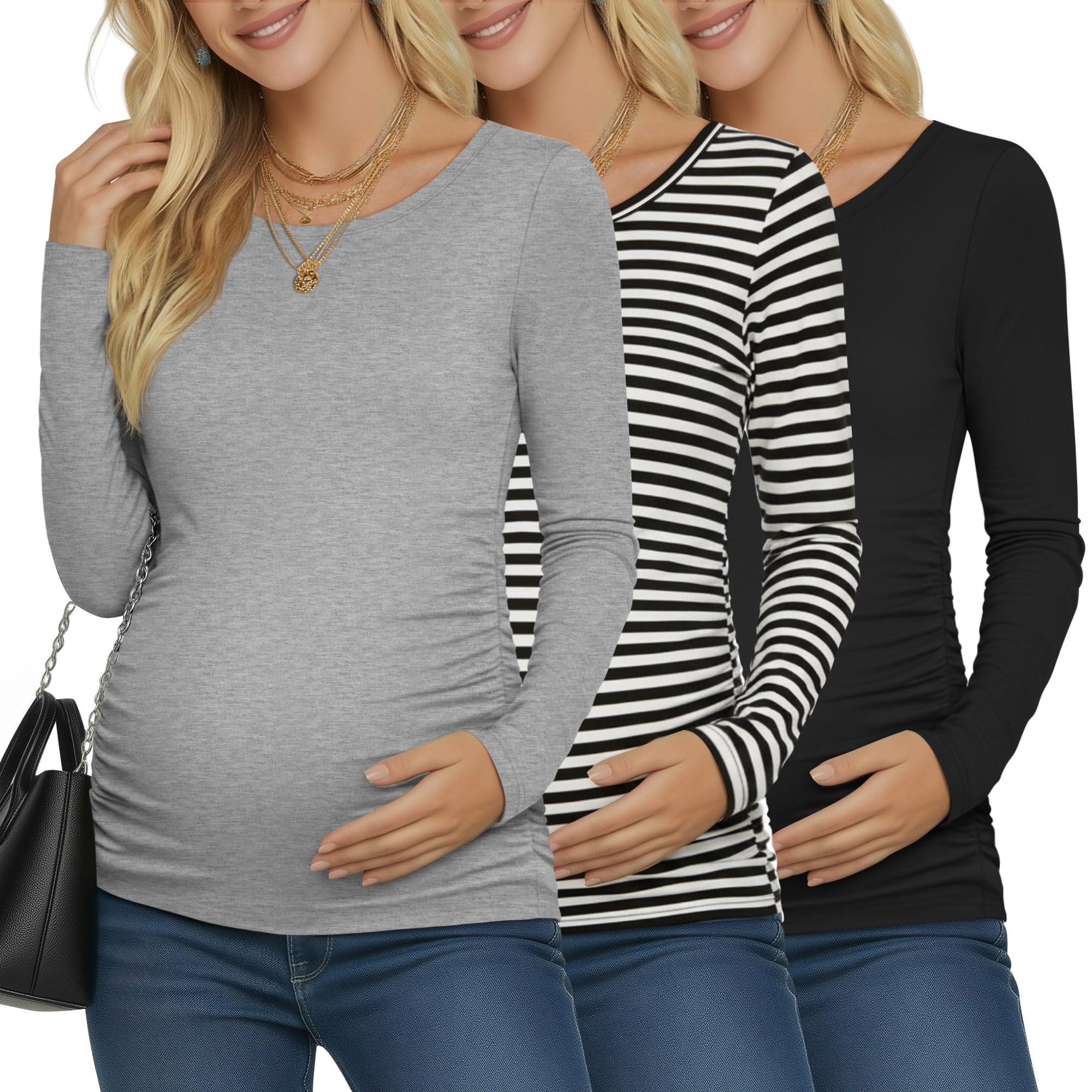 Ficerd 3 Pack Women's Maternity Long Sleeve Shirts, 3-Color Set, Small