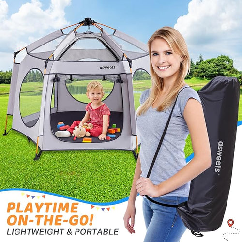 Asweets 4 in 1 Pop Up Playpen Indoor and Outdoor Portable, Lightweight Baby Playpen with Travel Bag,Baby Beach Tent and Play Toddler Play Yard Canopy(Light Grey)