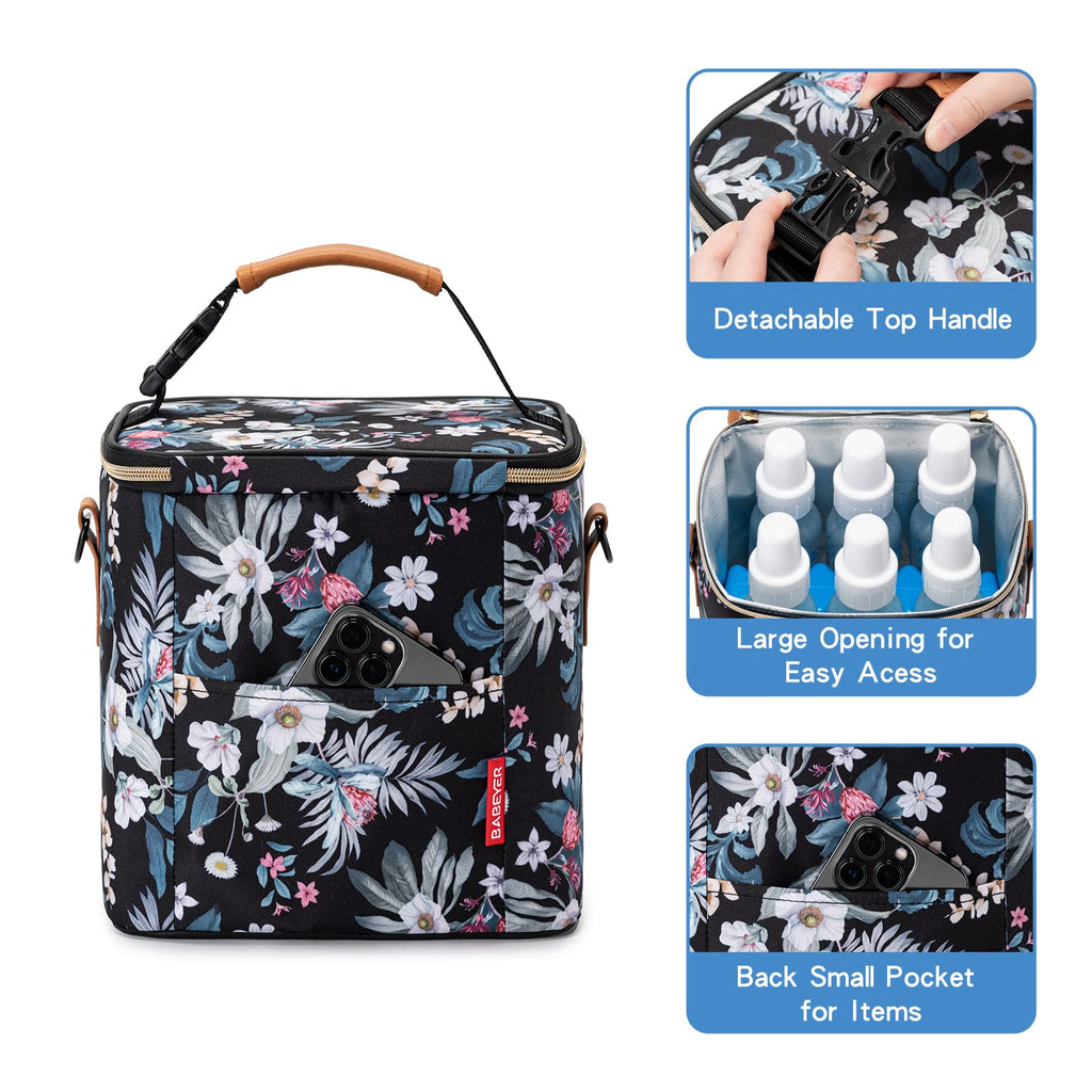 BABEYER Breastmilk Cooler Bag with Ice Pack Fits 6 Baby Bottles Up to 9 Ounce, Baby Bottle Bag with Shoulder Strap for Nursing Mom Daycare, Floral