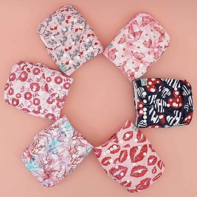 ALVA 6 Pack Cloth Diaper with 12 Inserts One Size Adjustable Washable Reusable Diaper Cover for Baby Girls and Boys