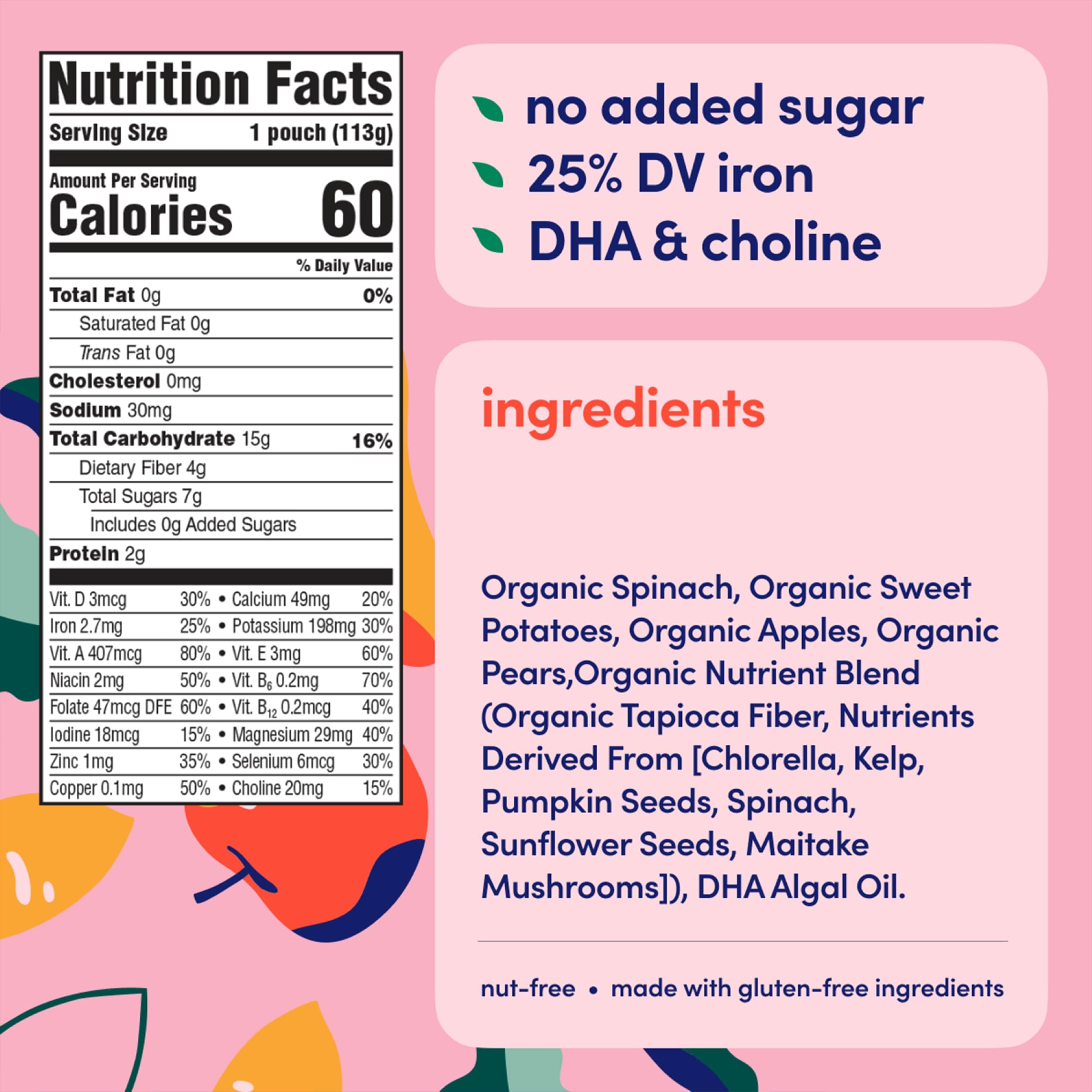Cerebelly Organic Baby Food Pouches, Spinach Apple Sweet Potato Purees, 16 Nutrients, No Added Sugar, Fiber & Non-GMO, 4oz, 6 Pack